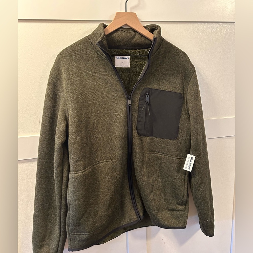Men’s Old Navy Fleece Knit Sherpa Lined Jacket Heritage Green Size Large NWT